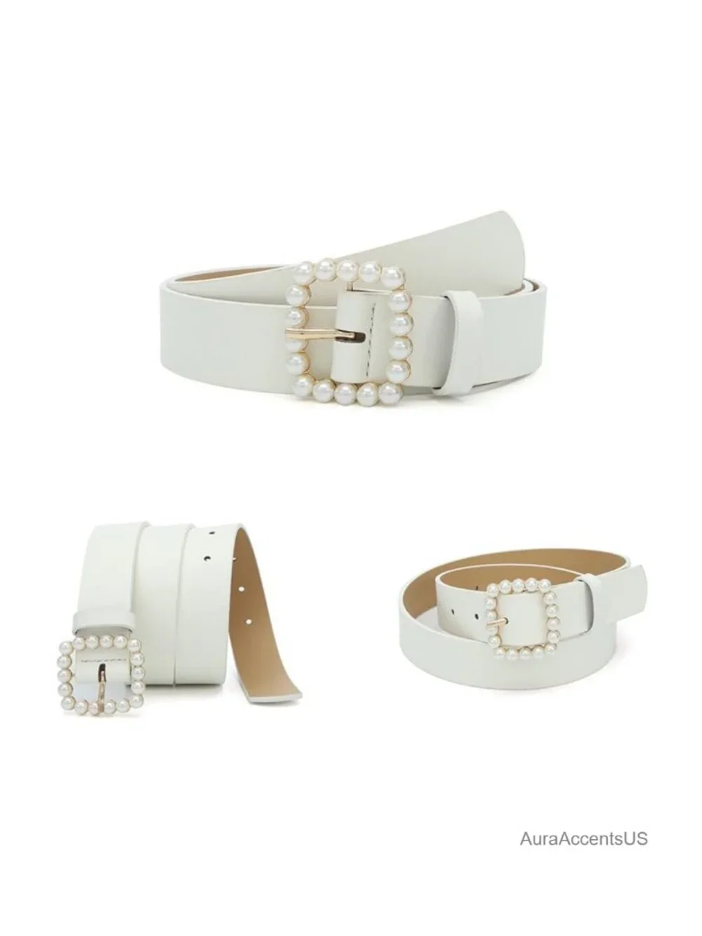 Faux Leather Belt with Pearl Buckle for Jeans Dresses Pants